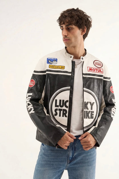LUCKY STRIKE WHITE LEATHER JACKETH